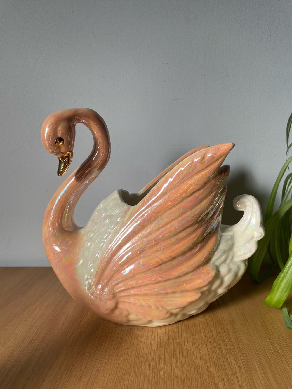 Vintage Pink Lusterware Ceramic Swan Planter Studio Art Pottery 8”